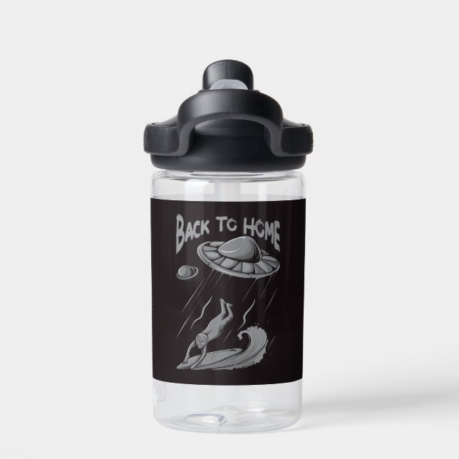 alien ufo surfing illustration with back to home   water bottle (Back)