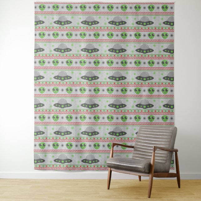 Alien Ugly Christmas Sweater Photo Backdrop Tapestry (In Situ)