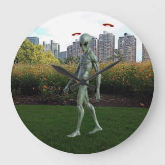 Alien walking through the park large clock