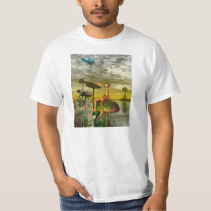 Alien watching an aircar in the sky T-Shirt