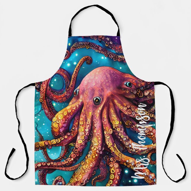 Alien Watercolor Octopus with Personalised Name Apron (Front)