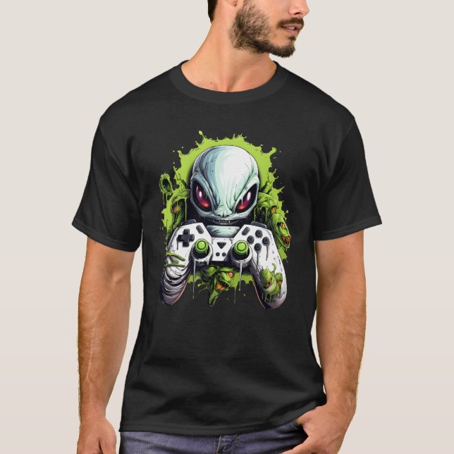 Alien with Game Controller ,Sci-fi Gamer T-Shirt (Front)