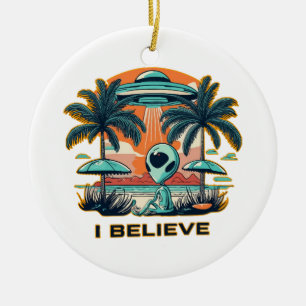 alien with UFO I BELIEVE Ceramic Tree Decoration