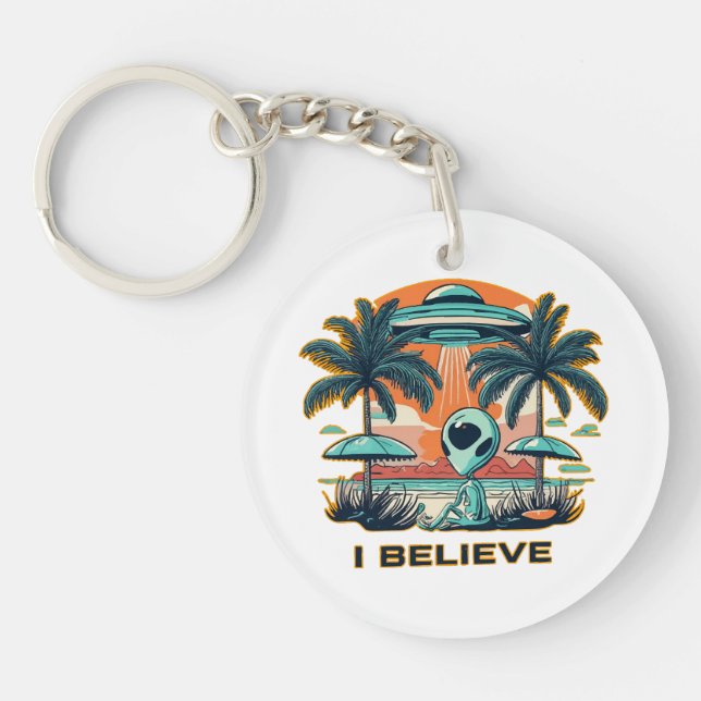 alien with UFO I BELIEVE Key Ring (Front)