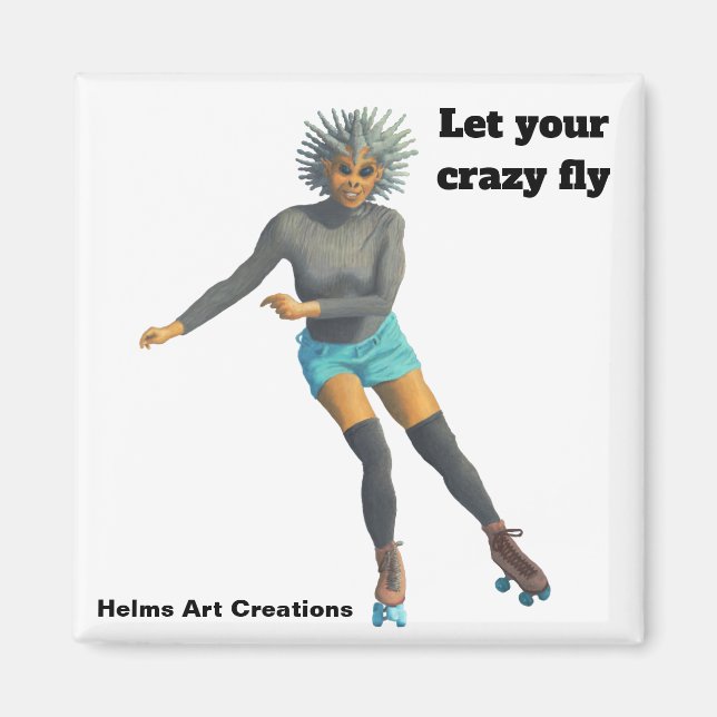 Alien Woman Roller Skater Fantasy Button Magnet (Front)