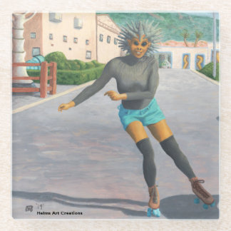 Alien Woman Roller Skater Fantasy Glass Coaster