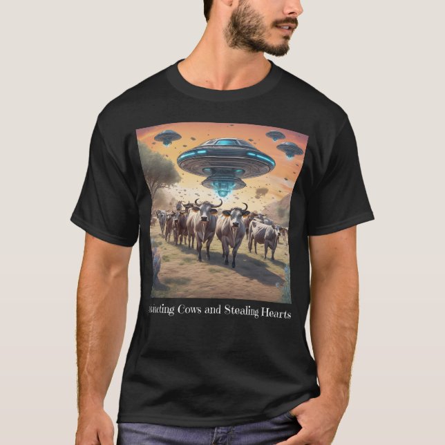 Aliens Abducting Cows and Stealing Hearts T-Shirt (Front)