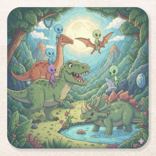 Aliens and Dinosaurs Adventure Square Paper Coaster