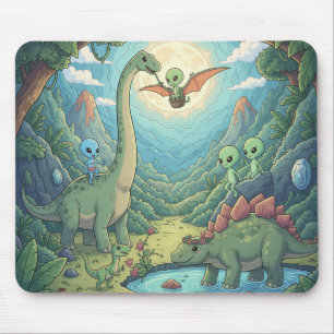 Aliens and Dinosaurs in Prehistoric Paradise Mouse Pad