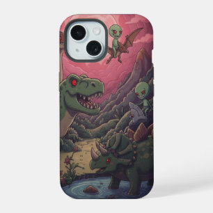 Aliens and Dinosaurs Under Crimson Skies iPhone 15 Case