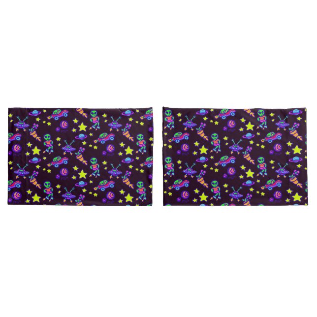 Aliens And Stars In Outer Space Print Kids Pillowcase (Back-Set)
