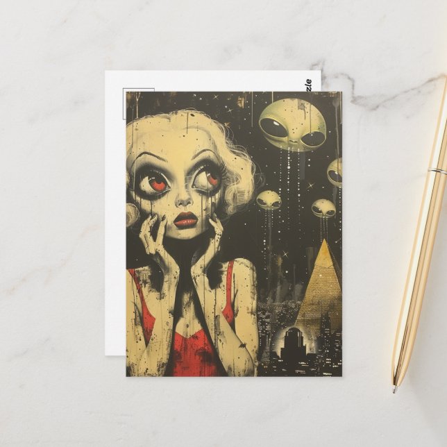 Aliens and Woman in Red Dress Scifi Fantasy Postcard (Front/Back In Situ)