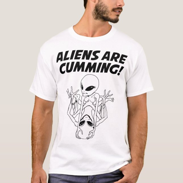 Aliens Are Cumming Funny Skeleton T-Shirt (Front)