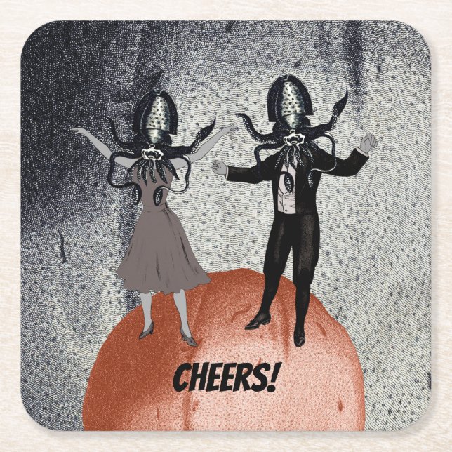 Aliens dance celebration square paper coaster (Front)