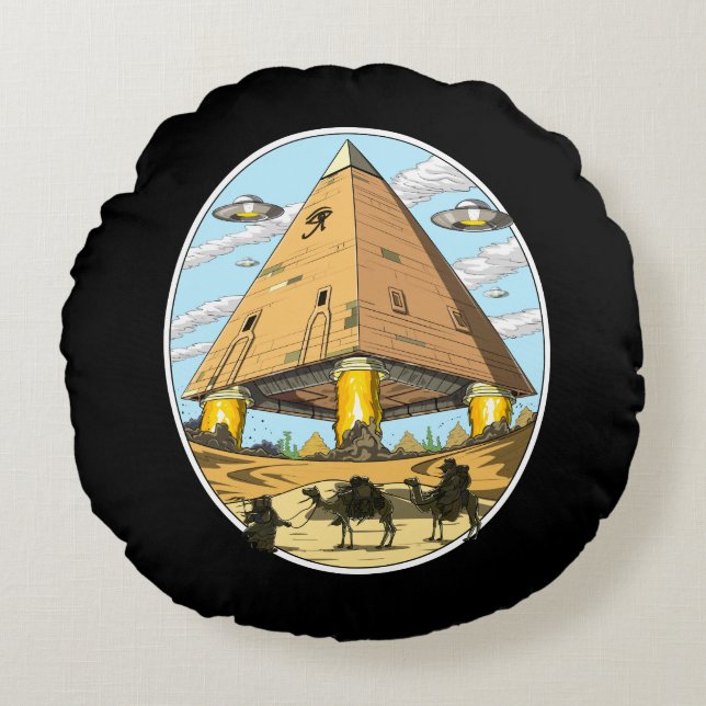 Aliens Egyptian Pyramids UFO Conspiracy Annunaki Round Cushion (Front)