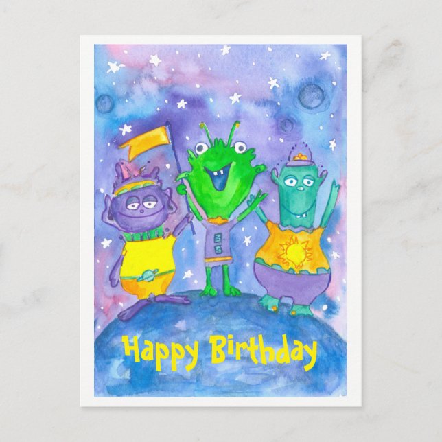 Aliens Outer Space Happy Birthday Postcard (Front)