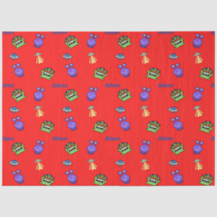 Aliens spacecraft with text pattern on red tissue paper