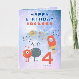 Aliens Spaceship Age 4 Birthday Space Lilac Card