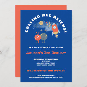 Aliens Spaceship Cartoon Boy 3rd Birthday Blue Invitation