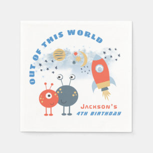 Aliens Spaceship Moon Stars Boy 4th Birthday party Napkin