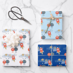 Aliens Spaceships Boy Birthday White Blue Wrapping Paper Sheet