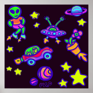Aliens Stars And Planets In Outer Space Art Poster