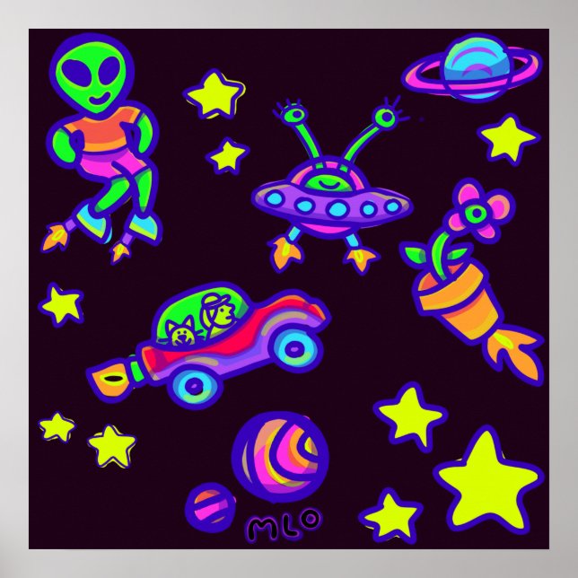 Aliens Stars And Planets In Outer Space Art Poster (Front)