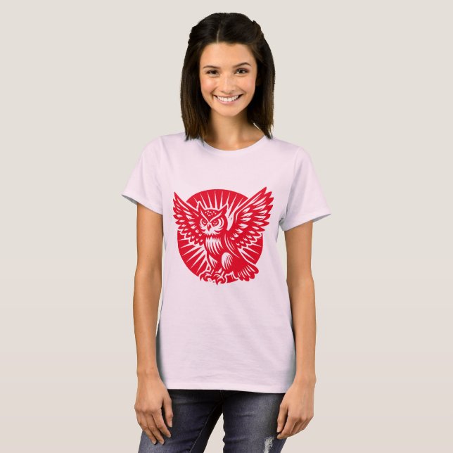 Alighting Owl in a Rayed Circle - Red T-Shirt (Front Full)