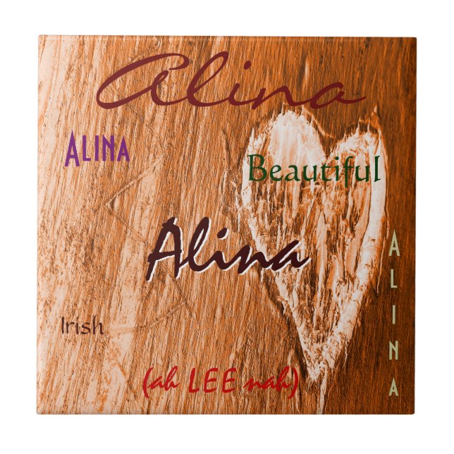 Alina Name Irish Meaning with Light Orange Heart Tile (Front)