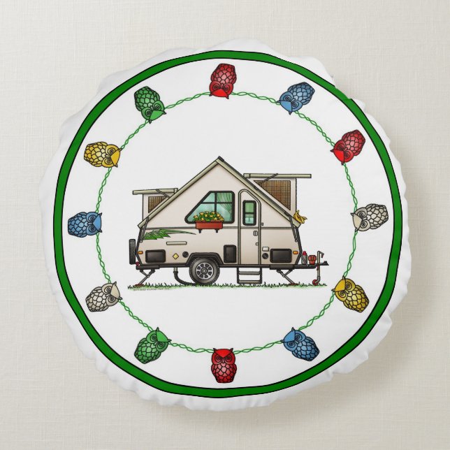 Aliner Pop Up RV happy camper art Ceramic Ornament Round Cushion (Back)
