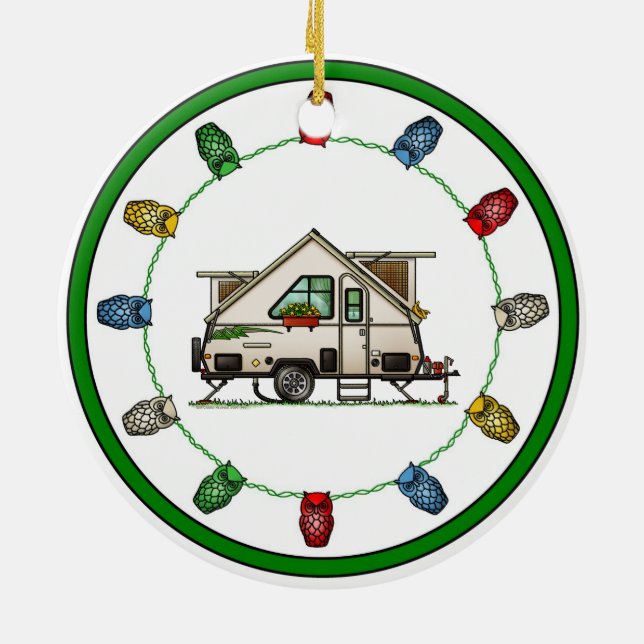 Aliner Pop Up RV happy camper art Ceramic Tree Decoration (Back)