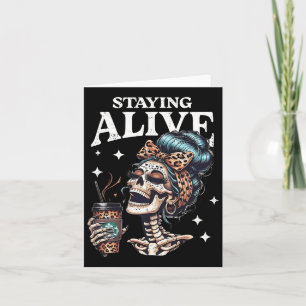 Alive Skeleton Halloween Leopard Messy Bun Women T Card