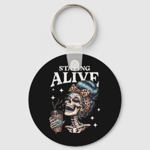 Alive Skeleton Halloween Leopard Messy Bun Women T Key Ring