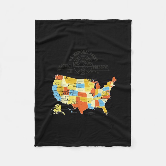 All 63 US National Parks Map - U.S. National Park Fleece Blanket (Front)