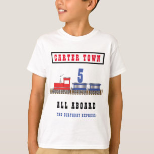All Aboard Birthday Train Red Blue Name Age T-Shirt