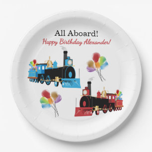 All Aboard Blue and Red Train Birthday Paper Plate