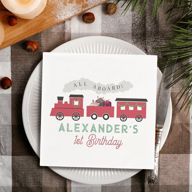 All Aboard Christmas Steam Train Kids Birthday Napkin (Creator Uploaded)