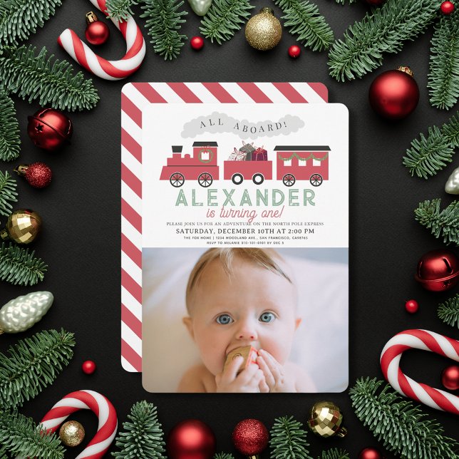 All Aboard Christmas Train 1st Birthday Photo Invitation (Creator Uploaded)