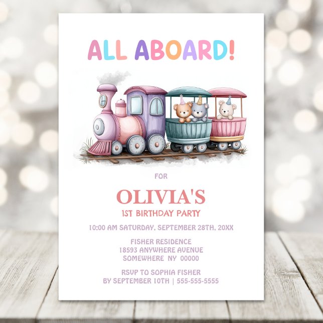 All Aboard Colourful Train 1st Birthday Invitation (Creator Uploaded)