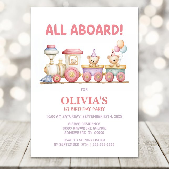 All Aboard Cute Pink Train 1st Birthday Invitation (Creator Uploaded)