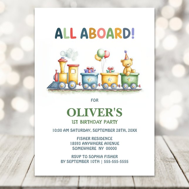 All Aboard Cute Teddy Bear Train 1st Birthday Invitation (Creator Uploaded)
