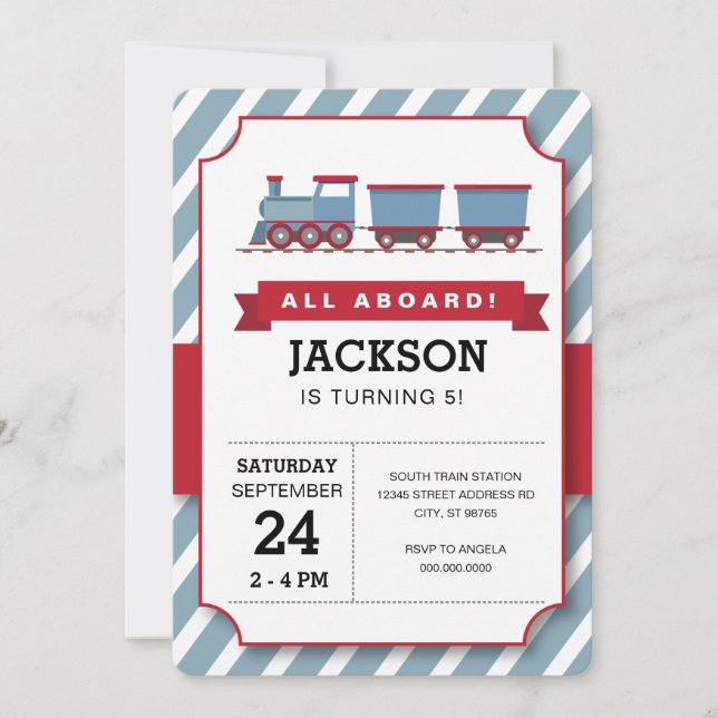 ALL ABOARD red blue train birthday party Invitation (Front)