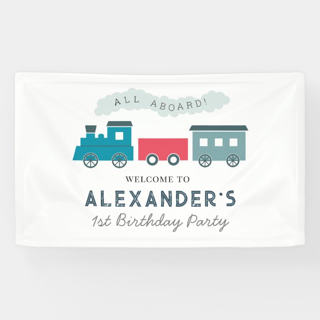 All Aboard Steam Train Blue Boy Birthday Banner (Horizontal)