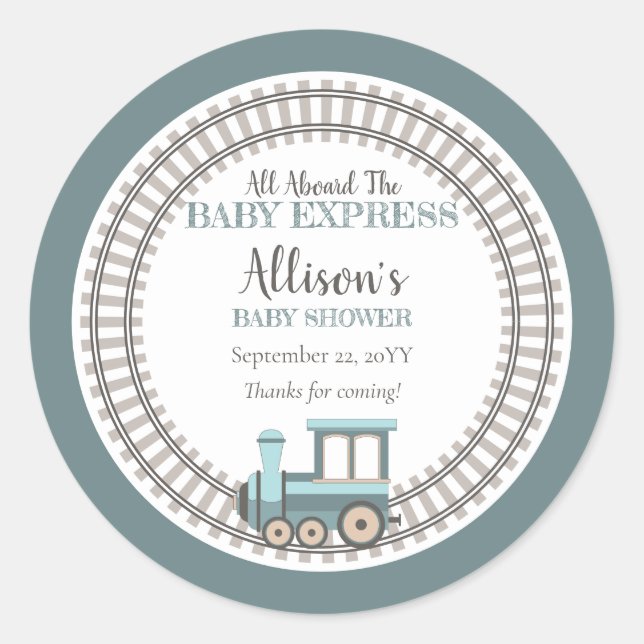 All Aboard the Baby Express Train Boy Baby Shower Classic Round Sticker (Front)