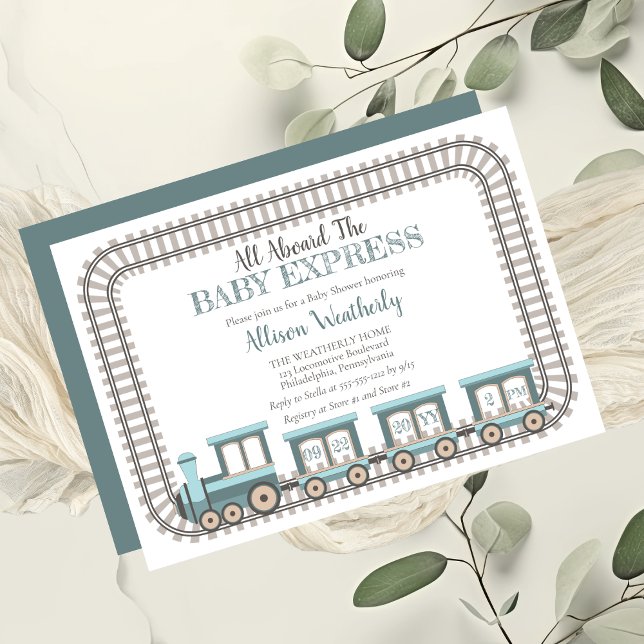 All Aboard the Baby Express Train Boy Baby Shower Invitation ("All Aboard The Baby Express" Blue Train Boy Baby Shower)