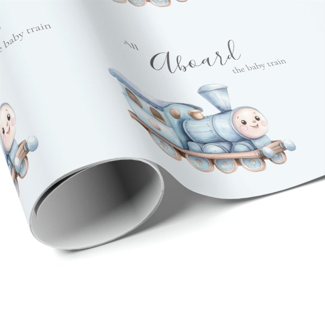 All Aboard the Baby Train Blue Boy Baby Shower Wrapping Paper (Roll Corner)