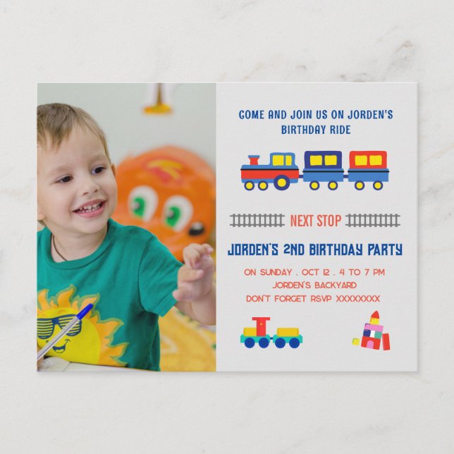 All Aboard Train Ride 2nd Birthday Invite Postcard (Front)