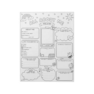 All About Me Back To School Kids Activity Sheet Notepad