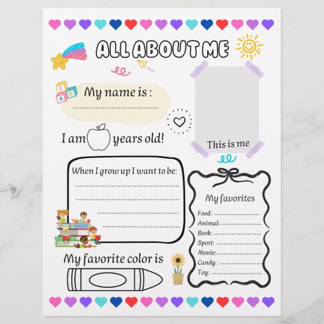 All About Me, First Day of School Questionnaire Custom Letterhead (Front)