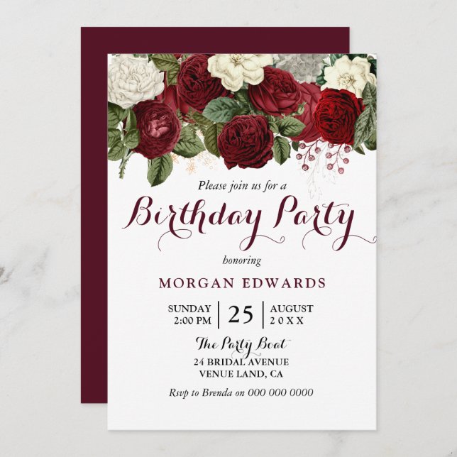 All ages Burgundy Red Floral Birthday Party Invite (Front/Back)